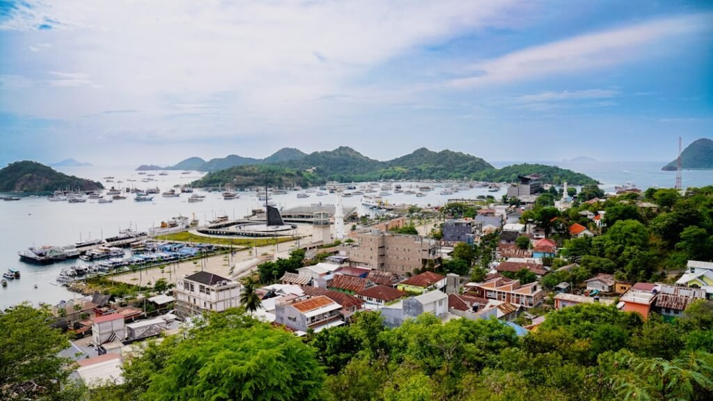 Coastal town with boats and green hills under cloudy sky.