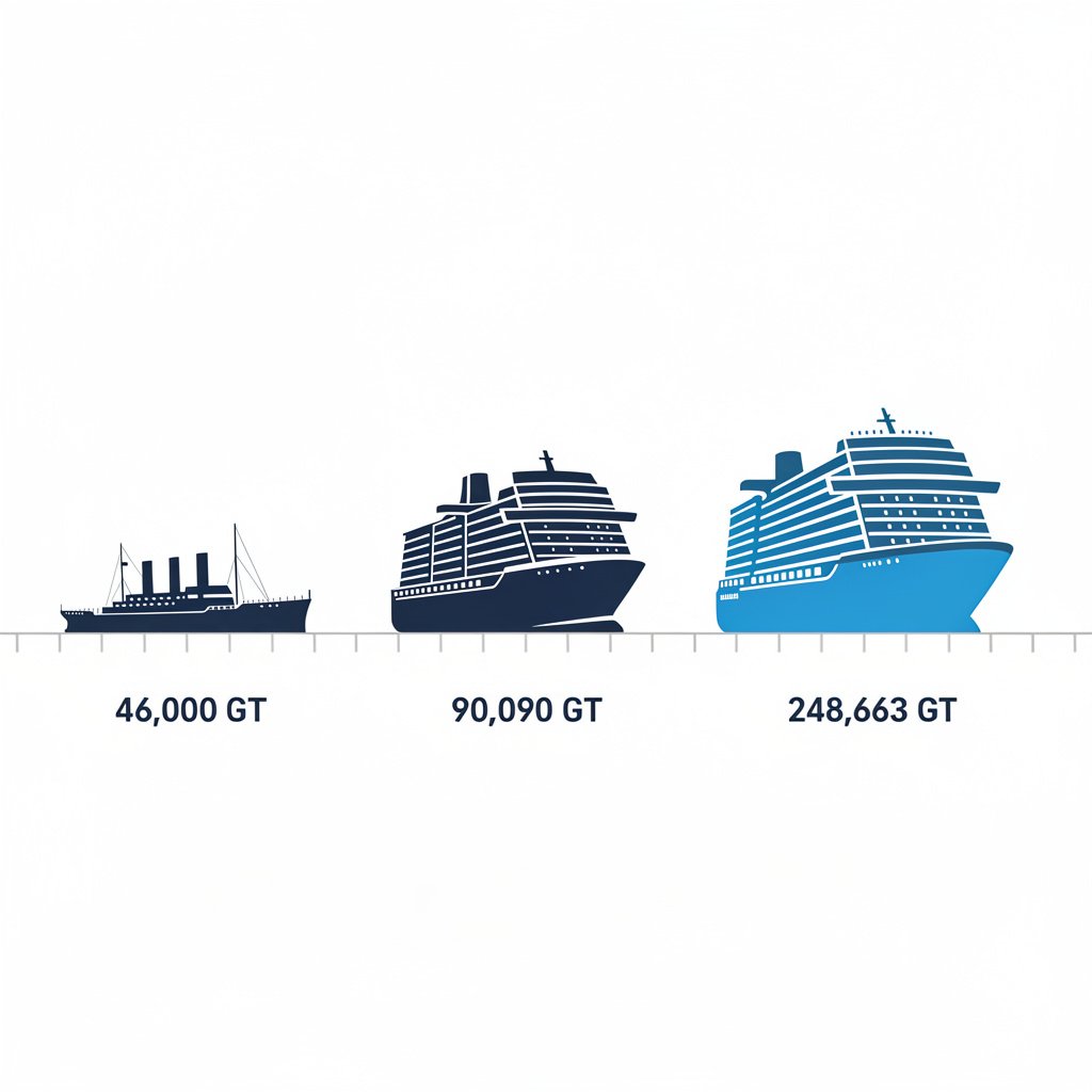 Scale comparison infographic showing three ship silhouettes at 46,000, 90,090 and 248,663 gross tons
