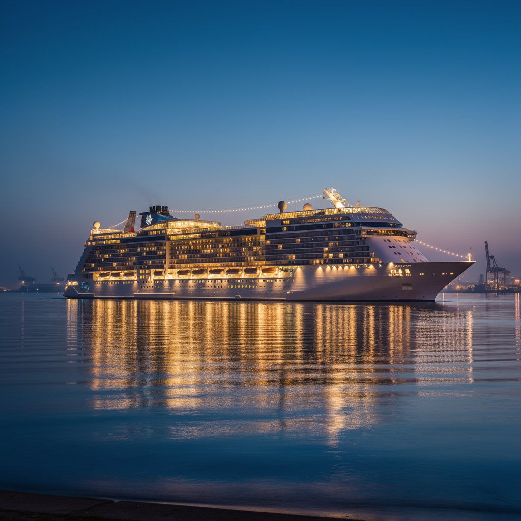 Illuminated cruise ship departing port at dusk
