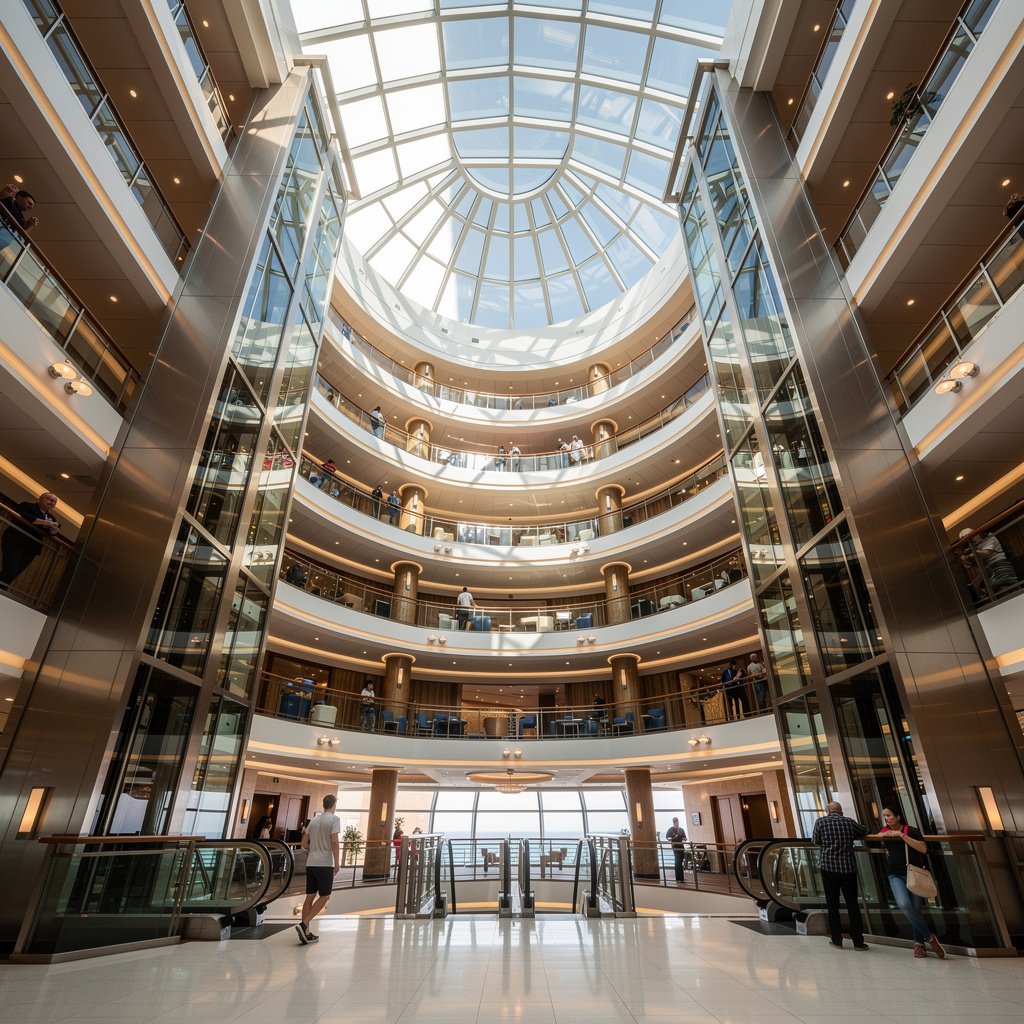 Looking up through a multi-deck cruise ship atrium with glass elevators