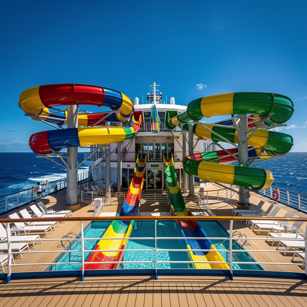 Top-deck waterpark with multiple coloured slides against a blue sky