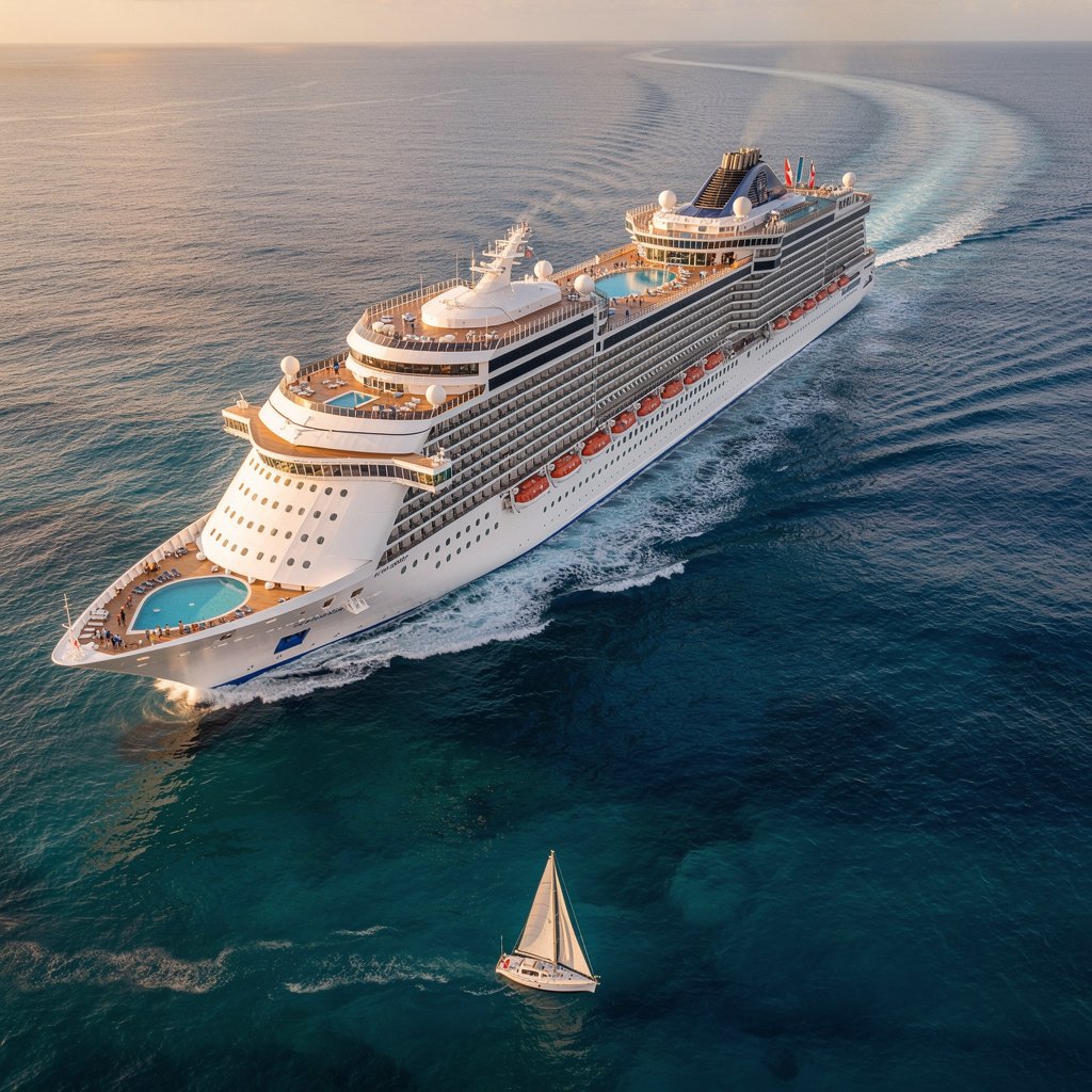 Aerial view of a megaship cruise vessel at sea in the Caribbean at golden hour